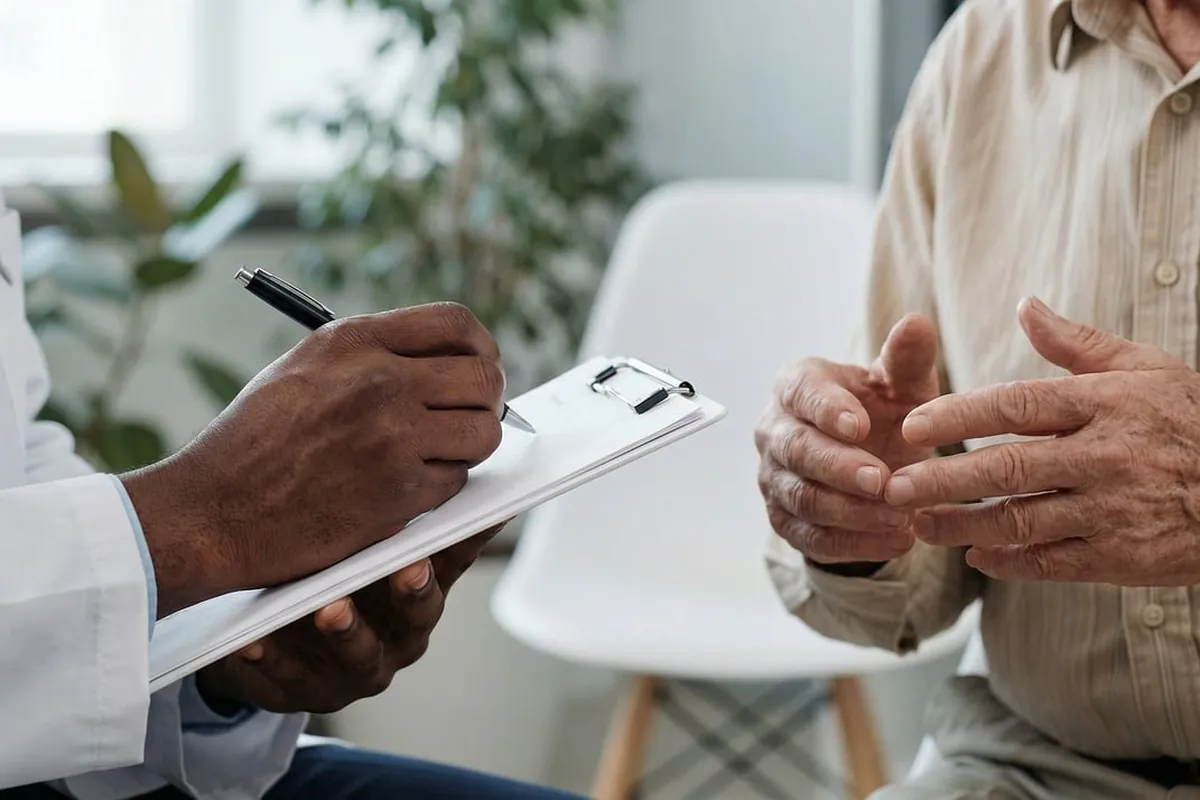 Médico anotando em uma prancheta durante a conversa com um paciente idoso