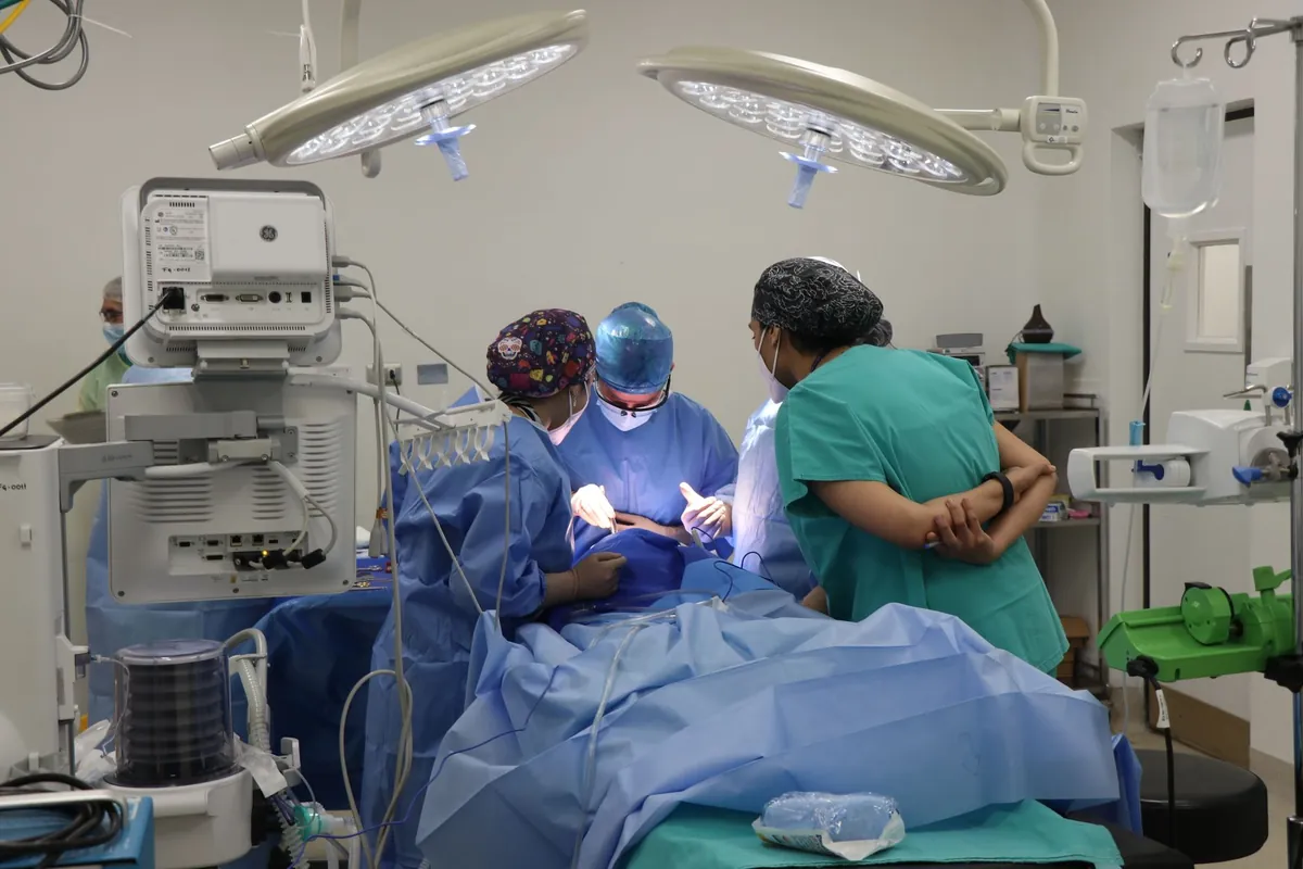 Equipe operando um paciente coberto por campos azuis em uma sala cirúrgica
